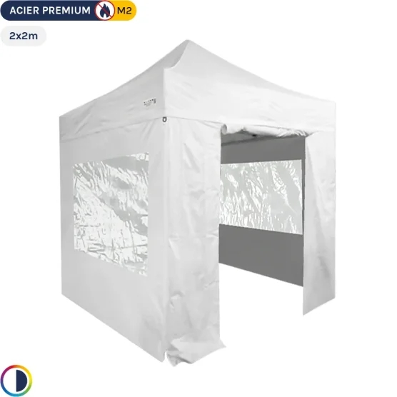 Tente Pliante - Stand Acier Premium M2 2x2m BLANC + Pack Fenêtres 380gr/m²