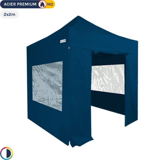 Tente Pliante - Stand Acier Premium M2 2x2m BLEU + Pack Fenêtres 380gr/m²