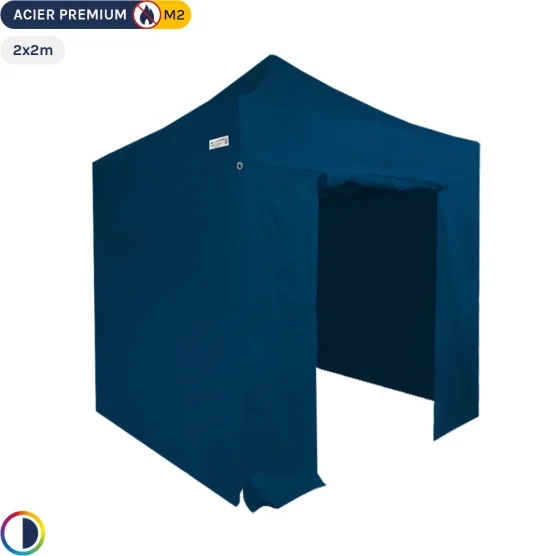 Tente Pliante - Stand Acier Premium M2 2x2m BLEU + Pack Côtés 380gr/m²