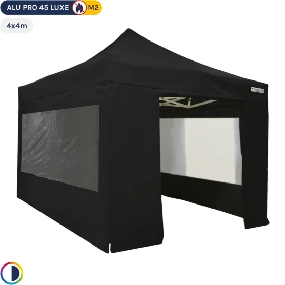 Tente pliante - Stand pliant Alu Pro 45 LUXE M2 4mx4m NOIR + Pack Fenêtres 380gr/m²