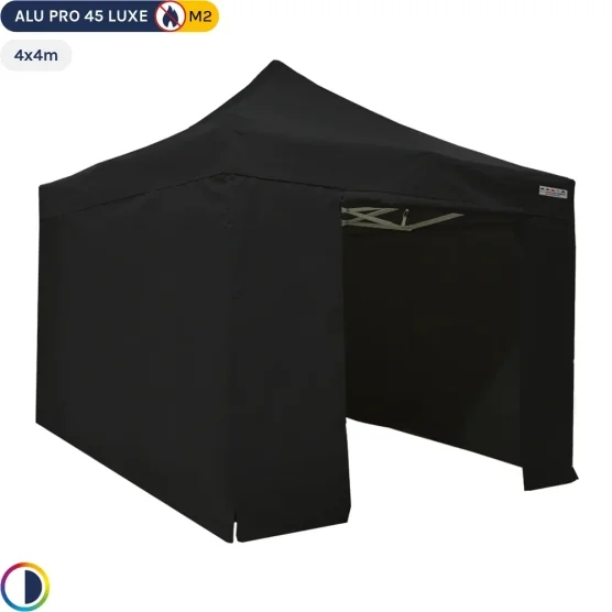 Tente pliante - Stand pliant Alu Pro 45 LUXE M2 4mx4m NOIR + Pack Côtés 380gr/m²