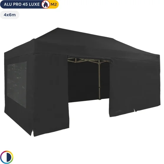 Tente pliante - Stand pliant Alu Pro 45 LUXE M2 4mx6m NOIR + Pack Fenêtres 380gr/m²