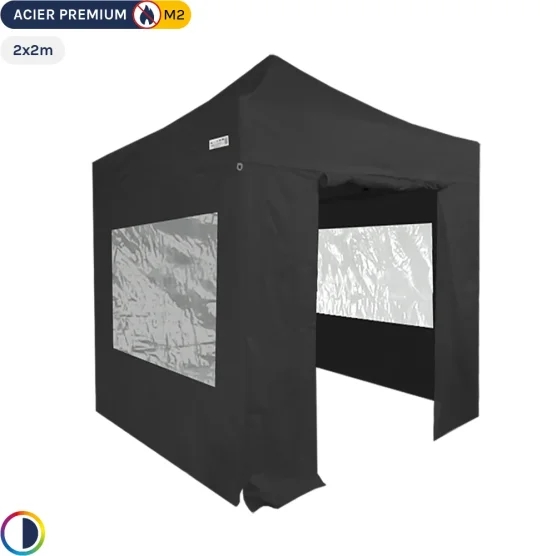 Tente Pliante - Stand Acier Premium M2 2x2m NOIR + Pack Fenêtres 380gr/m²