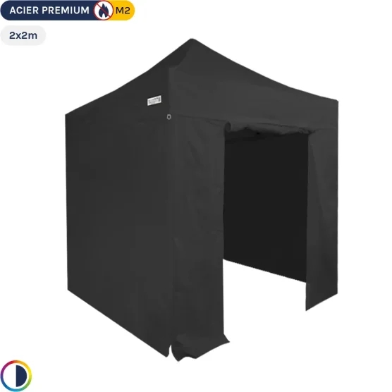 Tente Pliante - Stand Acier Premium M2 2x2m NOIR + Pack Côtés 380gr/m²