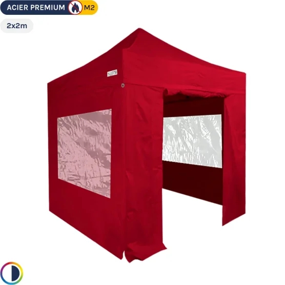 Tente Pliante - Stand Acier Premium M2 2x2m ROUGE + Pack Fenêtres 380gr/m² Tente Pliante - Stand Acier Premium M2 2x2m ROUGE + Pack Fenêtres 380gr/m²