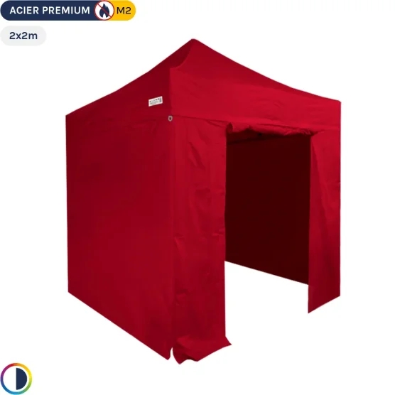 Tente Pliante - Stand Acier Premium M2 2x2m ROUGE + Pack Côtés 380gr/m²