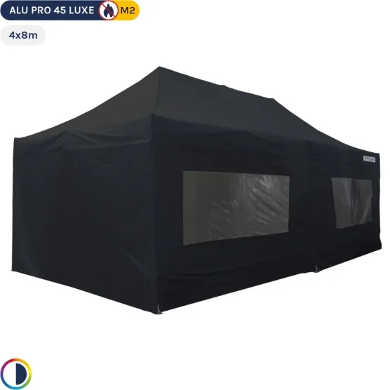 Tente pliante - Stand pliant Alu Pro 45 LUXE M2 4mx8m NOIR + Pack Fenêtres 380gr/m²