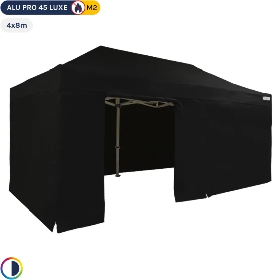 Tente pliante - Stand pliant Alu Pro 45 LUXE M2 4mx8m NOIR + Pack Côtés 380gr/m²