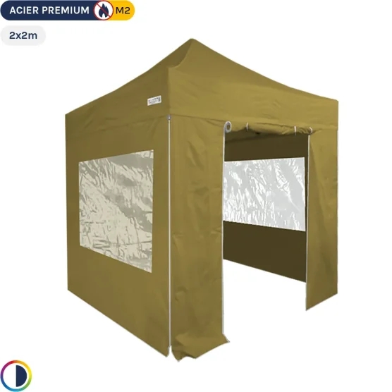 Tente Pliante Stand Acier Premium M2 2x2m VERT DORÉ + Pack Fenêtres 380gr/m²
