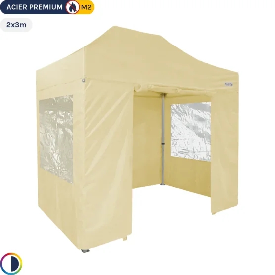 Tente Pliante - Stand Acier Premium M2 2x3m BEIGE + Pack Fenêtres 380gr/m²