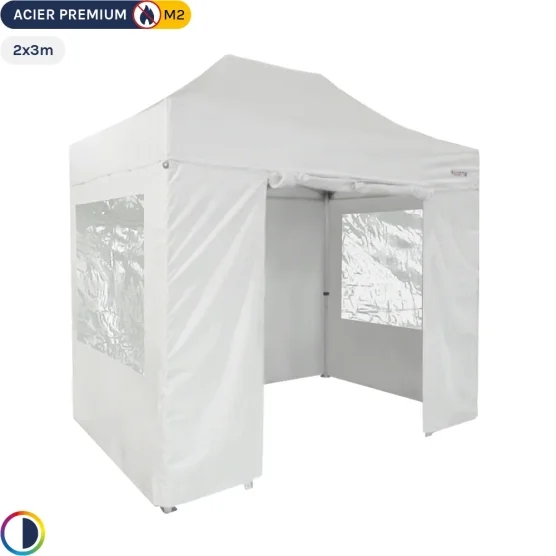 Tente Pliante - Stand Acier Premium M2 2x3m BLANC + Pack Fenêtres 380gr/m²