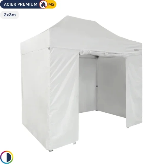 Tente Pliante - Stand Acier Premium M2 2x3m BLANC + Pack Côtés 380gr/m²