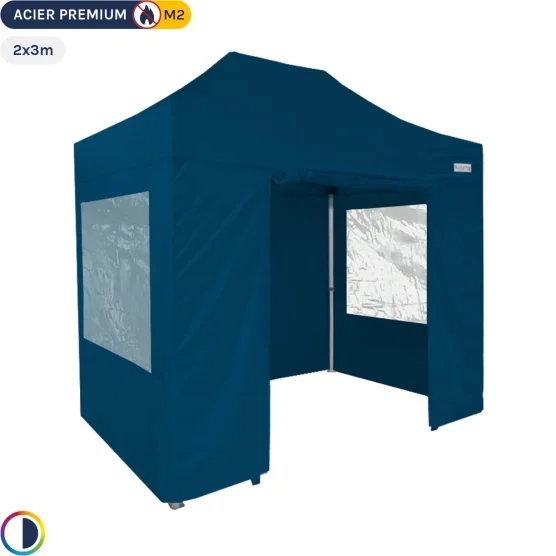 Tente Pliante - Stand Acier Premium M2 2x3m BLEU + Pack Fenêtres 380gr/m²