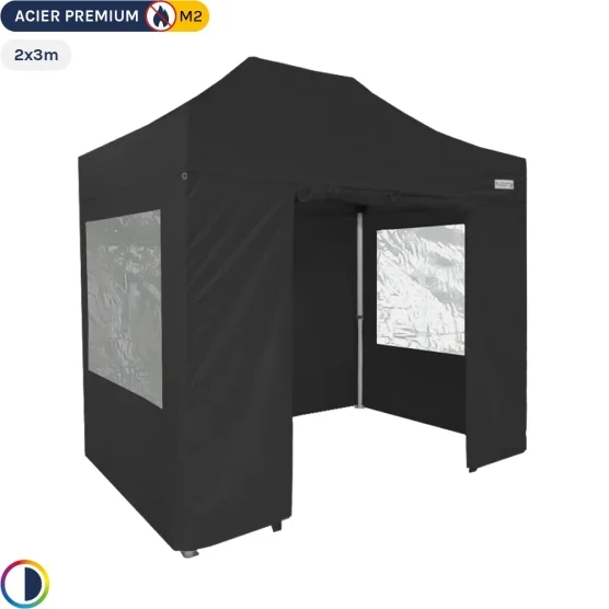 Tente Pliante - Stand Acier Premium M2 2x3m NOIR + Pack Fenêtres 380gr/m² Tente Pliante - Stand Acier Premium M2 2x3m NOIR + Pack Fenêtres 380gr/m²