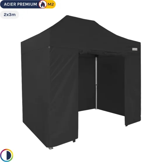 Tente Pliante - Stand Acier Premium M2 2x3m NOIR + Pack Côtés 380gr/m²