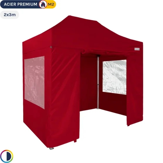 Tente Pliante - Stand Acier Premium M2 2x3m ROUGE + Pack Fenêtres 380gr/m²