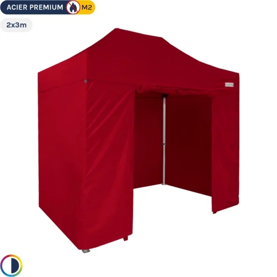 Tente Pliante - Stand Acier Premium M2 2x3m ROUGE + Pack Côtés 380gr/m²