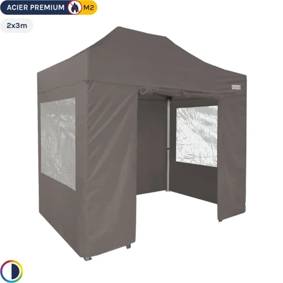 Tente Pliante - Stand Acier Premium M2 2x3m TAUPE + Pack Fenêtres 380gr/m²