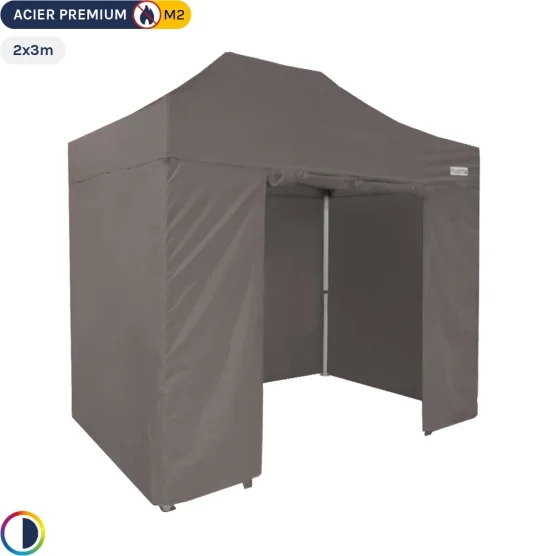Tente Pliante - Stand Acier Premium M2 2x3m TAUPE + Pack Côtés 380gr/m²
