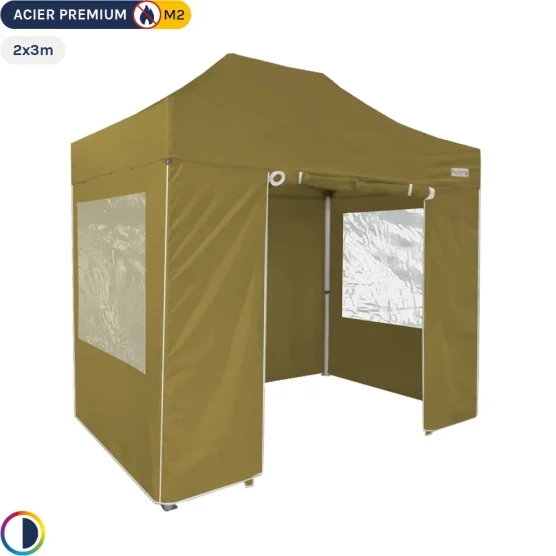 Tente Pliante - Stand Acier Premium M2 2x3m VERT DORÉ + Pack Fenêtres 380gr/m²