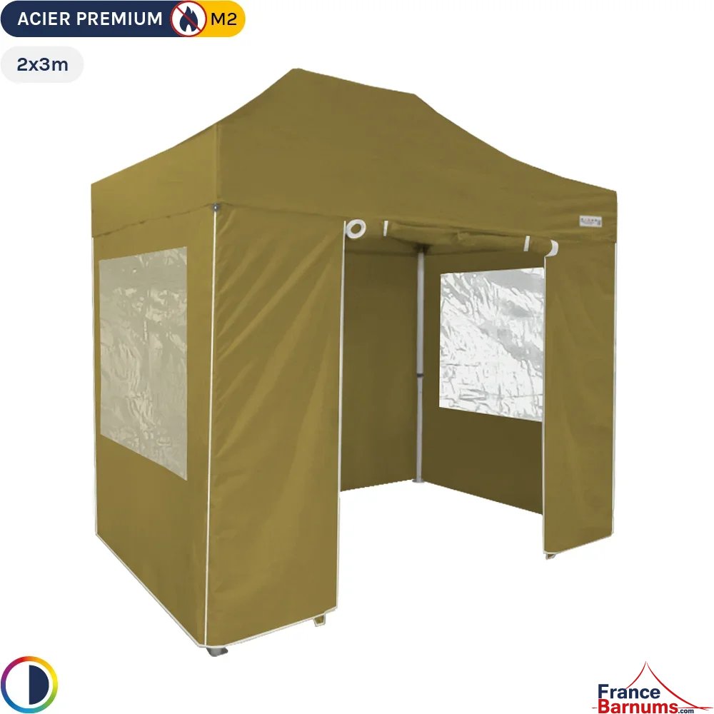 Tente Pliante - Stand Acier Premium M2 2x3m VERT DORÉ + Pack Fenêtres 380gr/m²
