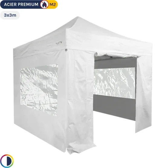 Tente Pliante - Stand Acier Premium M2 3x3m BLANC + Pack Fenêtres 380gr/m² Tente Pliante - Stand Acier Premium M2 3x3m BLANC + Pack Fenêtres 380gr/m²