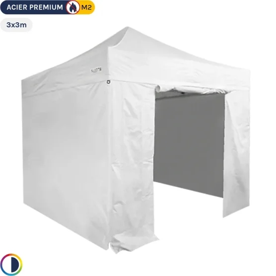 Tente Pliante - Stand Acier Premium M2 3x3m BLANC + Pack Côtés 380gr/m²