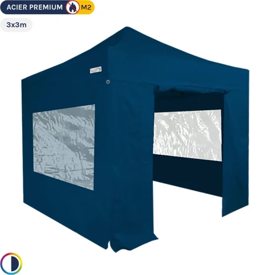 Tente Pliante - Stand Acier Premium M2 3x3m BLEU + Pack Fenêtres 380gr/m²