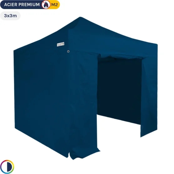 Tente Pliante - Stand Acier Premium M2 3x3m BLEU + Pack Côtés 380gr/m² Tente Pliante - Stand Acier Premium M2 3x3m BLEU + Pack Côtés 380gr/m²