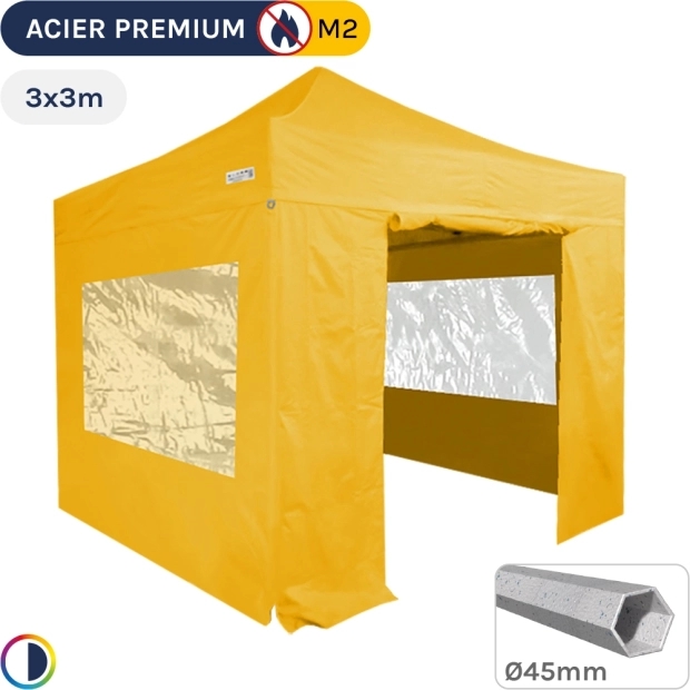 Barnum Pliant - Stand Acier Premium 3x3m JAUNE + Pack Fenêtres 380gr/m²