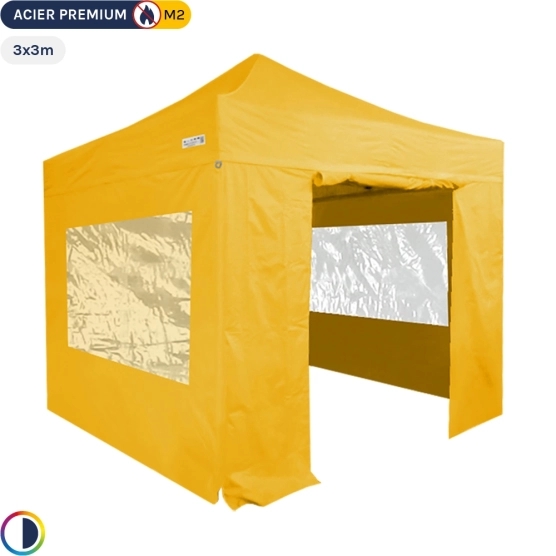 Tente Pliante - Stand Acier Premium 3x3m JAUNE + Pack Fenêtres 380gr/m² Tente Pliante - Stand Acier Premium 3x3m JAUNE + Pack Fenêtres 380gr/m²