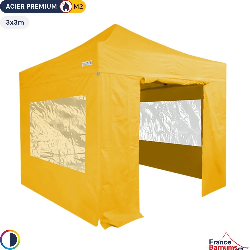 Tente Pliante - Stand Acier Premium 3x3m JAUNE + Pack Fenêtres 380gr/m²