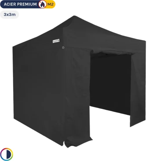 Tente Pliante - Stand Acier Premium M2 3x3m NOIR + Pack Côtés 380gr/m²