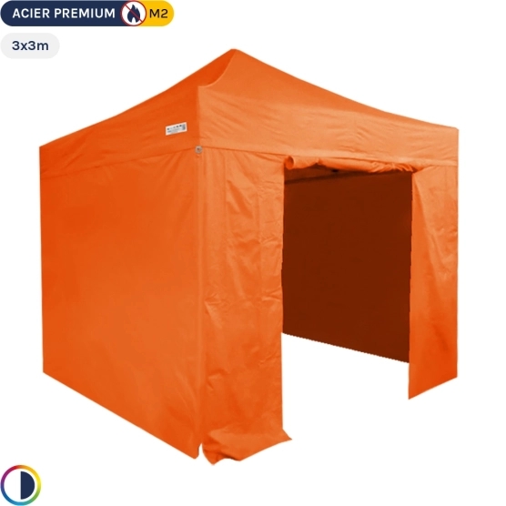 Tente Pliante - Stand Acier Premium 3x3m ORANGE + Pack Côtés 380gr/m² Tente Pliante - Stand Acier Premium 3x3m ORANGE + Pack Côtés 380gr/m²