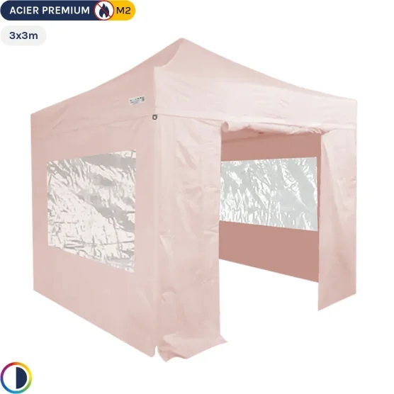 Tente Pliante - Stand Acier Premium M2 3x3m ROSE POUDRÉ + Pack Fenêtres 380gr/m²