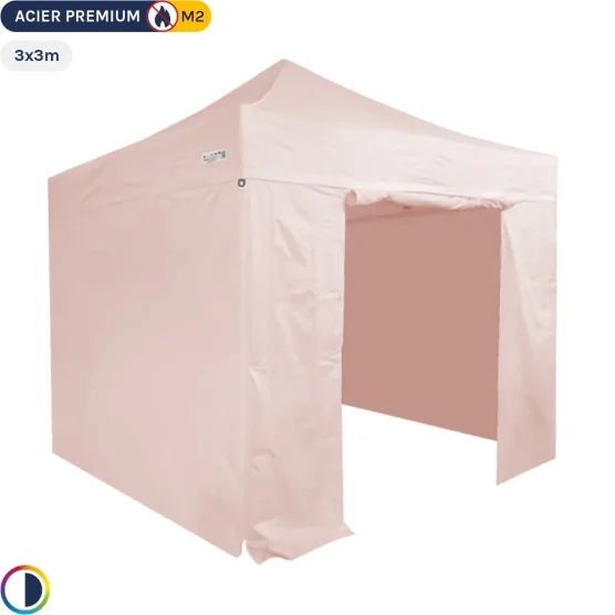 Tente Pliante - Stand Acier Premium M2 3x3m ROSE POUDRÉ + Pack Côtés 380gr/m²