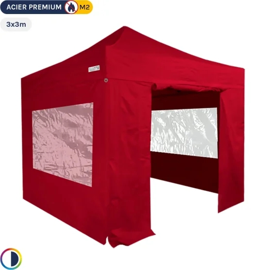 Tente Pliante - Stand Acier Premium M2 3x3m ROUGE + Pack Fenêtres 380gr/m² Tente Pliante - Stand Acier Premium M2 3x3m ROUGE + Pack Fenêtres 380gr/m²