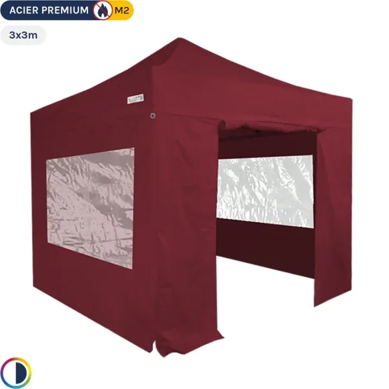 Tente Pliante - Stand Acier Premium M2 3x3m ROUGE BORDEAUX + Pack Fenêtres 380gr/m² Tente Pliante - Stand Acier Premium M2 3x3m ROUGE BORDEAUX + Pack Fenêtres 380gr/m²