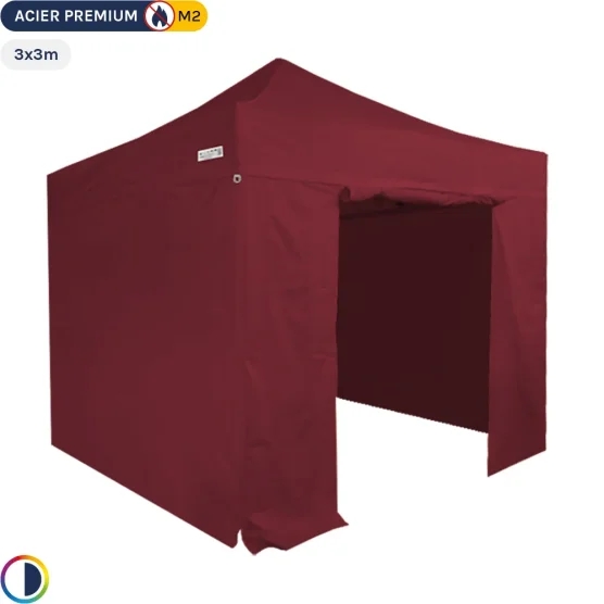 Tente Pliante - Stand Acier Premium M2 3x3m ROUGE BORDEAUX + Pack Côtés 380gr/m²