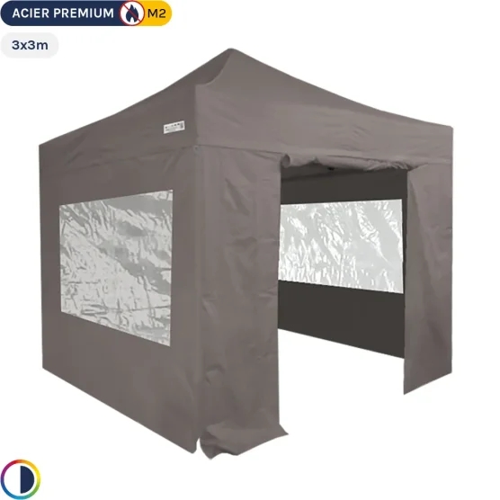 Tente Pliante - Stand Acier Premium M2 3x3m TAUPE + Pack Fenêtres 380gr/m² Tente Pliante - Stand Acier Premium M2 3x3m TAUPE + Pack Fenêtres 380gr/m²