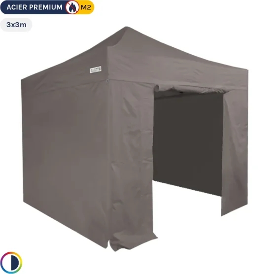 Tente Pliante - Stand Acier Premium M2 3x3m TAUPE + Pack Côtés 380gr/m²