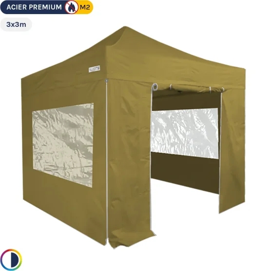 Tente Pliante - Stand Acier Premium M2 3x3m VERT DORÉ + Pack Fenêtres 380gr/m² Tente Pliante - Stand Acier Premium M2 3x3m VERT DORÉ + Pack Fenêtres 380gr/m²