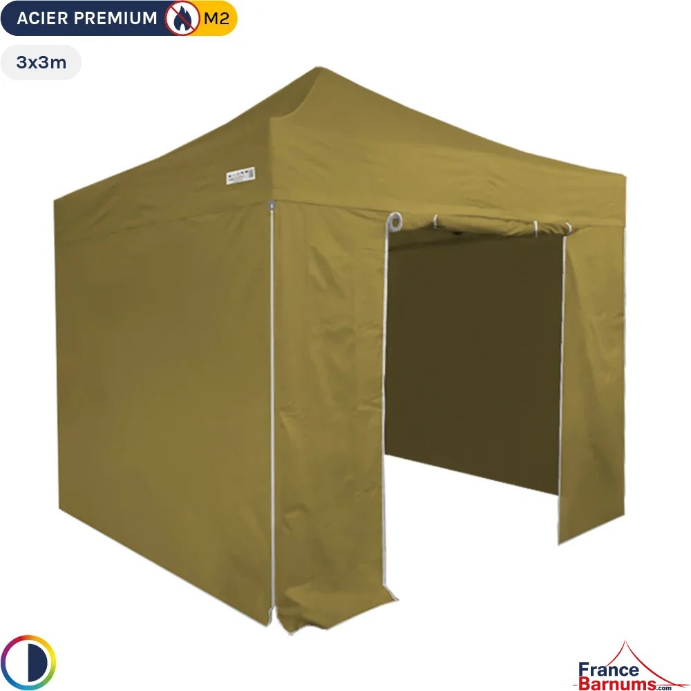 Tente Pliante - Stand Acier Premium M2 3x3m VERT DORÉ + Pack Côtés 380gr/m²