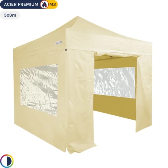 Tente Pliante - Stand Acier Premium M2 3x3m BEIGE + Pack Fenêtres 380gr/m²