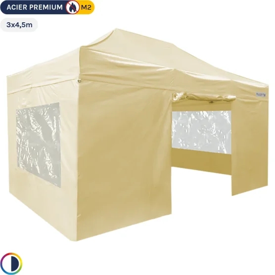 Tente Pliante - Stand Acier Premium M2 3x4,5m BEIGE + Pack Fenêtres 380gr/m²
