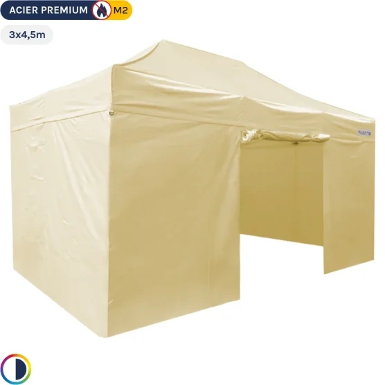 Tente Pliante - Stand Acier Premium M2 3x4,5m BEIGE + Pack Côtés 380gr/m²