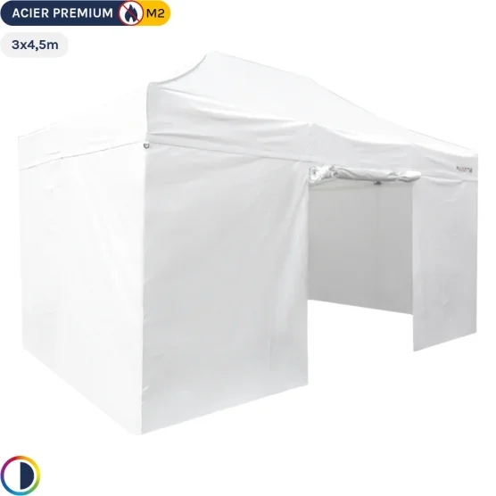 Tente Pliante - Stand Acier Premium M2 3x4,5m BLANC + Pack Côtés 380gr/m²