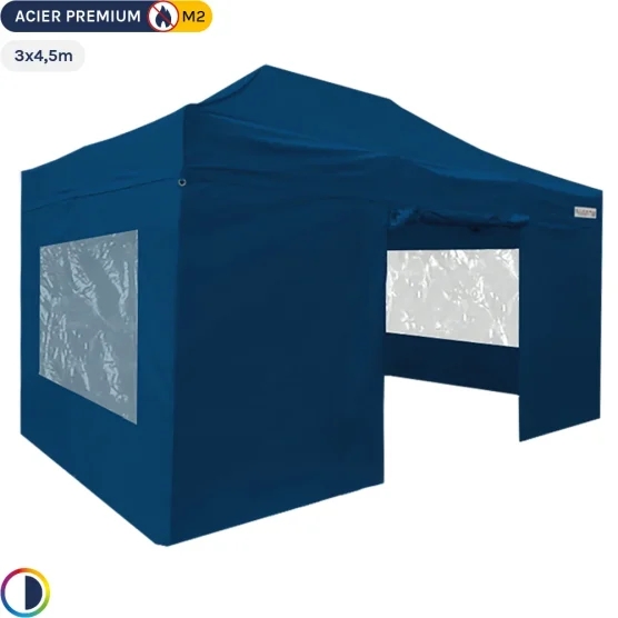 Tente Pliante - Stand Acier Premium M2 3x4,5m BLEU + Pack Fenêtres 380gr/m²