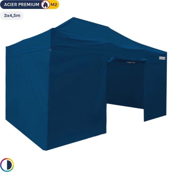 Tonnelle Pliante - Stand Acier Premium M2 3x4,5m BLEU + Pack Côtés 380gr/m²