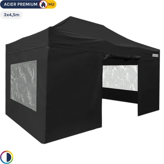 Tente Pliante - Stand Acier Premium M2 3x4,5m NOIR + Pack Fenêtres 380gr/m²